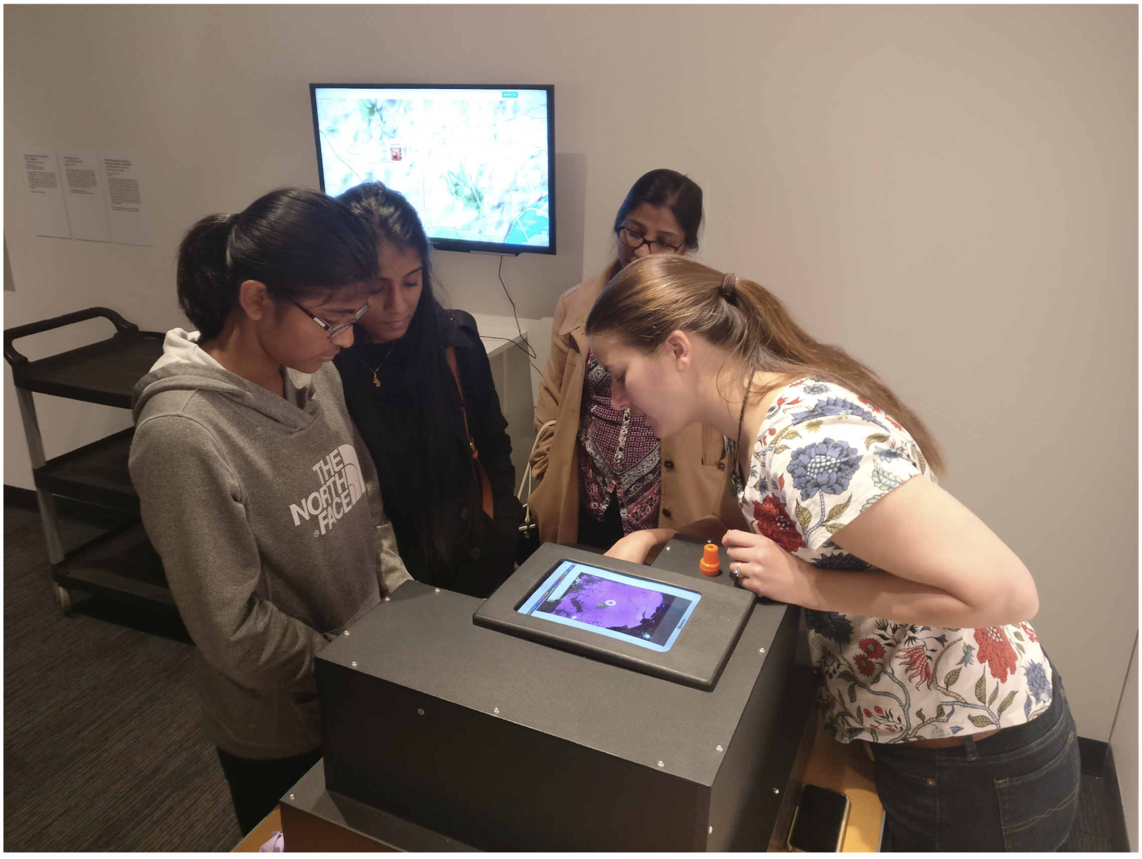 Previous postdoc Susannah presents ferrofluids to a group of women